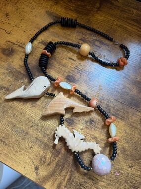 Vintage Carved Wood Sea Life Necklace Dolphin Whale Seahorse Pearl Inlay Bead